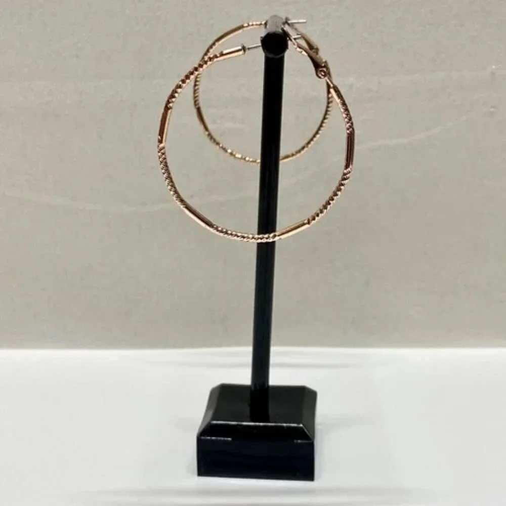 Hoop Earrings Round Elegant Detailed Rose Gold Tone 1 1/2